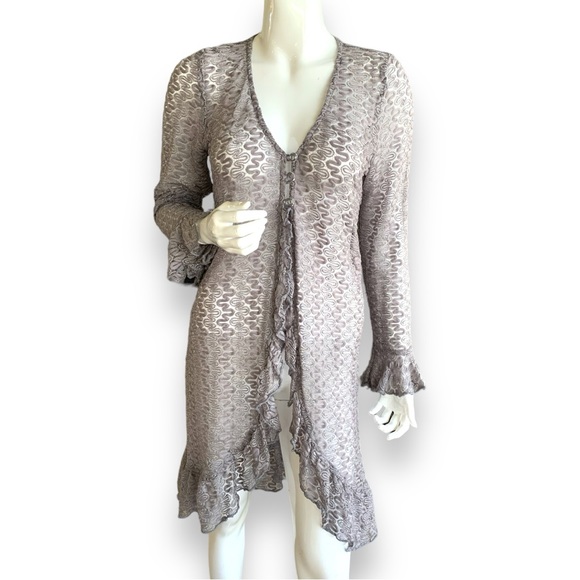 ZOE OPEN LACE LONG GREY METALLIC CARDIGAN. WOMEN’S SIZE MEDIUM - Picture 2 of 10